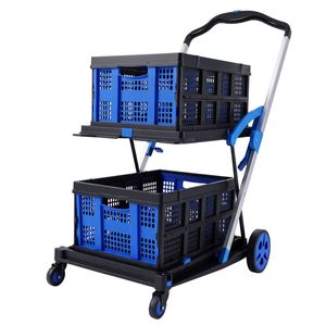 Artiss Shopping Trolley with Wheels 2 Layer w/2 Crates Foldable Trolley Cart for Grocery Blue
