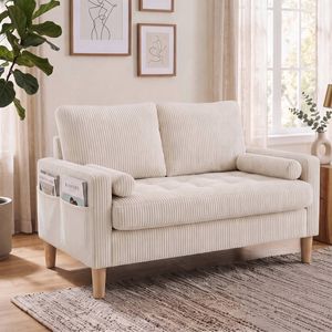 Advwin 121cm 2 Seater Sofa Corduroy Loveseat Couch w/ Tufted Seat Cushion & Side Pockets Beige