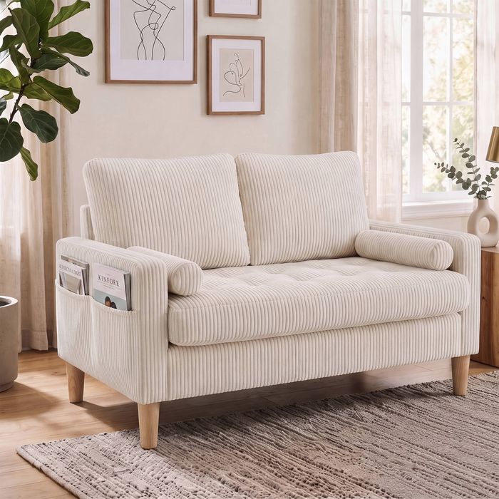 Advwin 121cm 2 Seater Sofa Corduroy Loveseat Couch w/ Tufted Seat Cushion & Side Pockets Beige