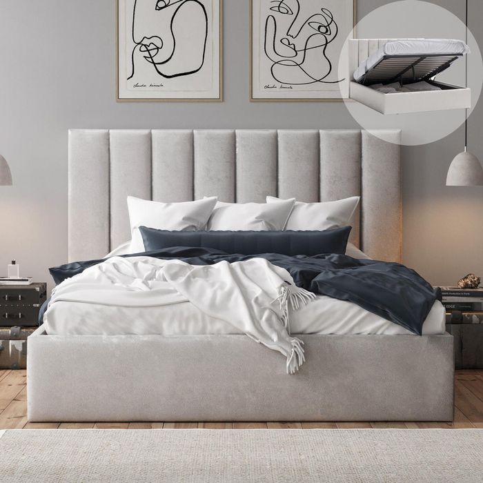 Celine Queen Taupe White Velvet Gas Lift Storage Bed Frame