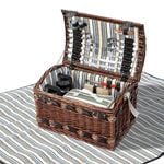 Alfresco 4 Person Picnic Basket Wicker Baskets Outdoor Insulated Striped Blanket Dark Brown