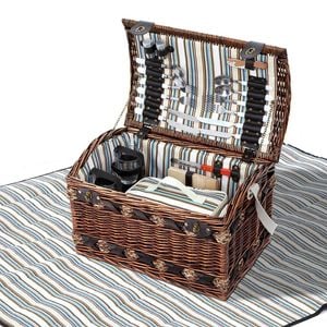 Alfresco 4 Person Picnic Basket Wicker Baskets Outdoor Insulated Striped Blanket Dark Brown