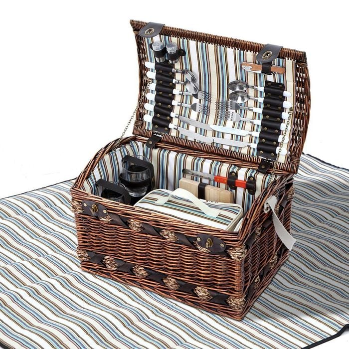 Alfresco 4 Person Picnic Basket Wicker Baskets Outdoor Insulated Striped Blanket Dark Brown