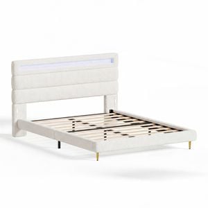 Ufurniture Teddy Fleece Double Cloud Bed Frame with LED Lights & Dual Charging Ports Upholstered White