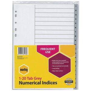 Marbig Numerical Indices & Dividers A4 (Grey) (1-20 Tab)