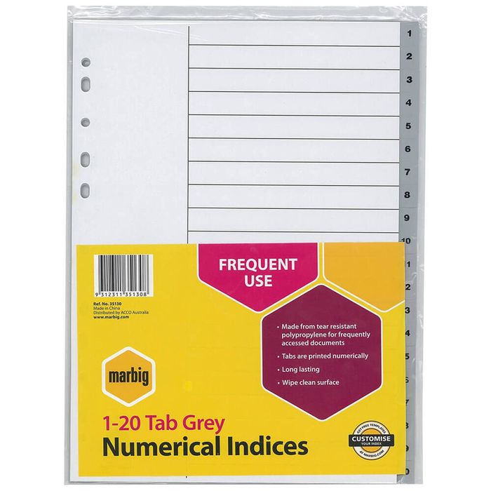 Marbig Numerical Indices & Dividers A4 (Grey) (1-20 Tab)