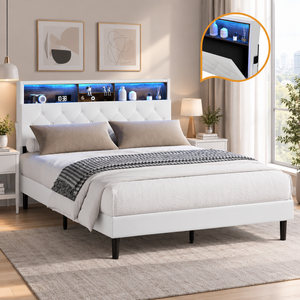Oikiture Bed Frame Queen Size with LED Storage Headboad NOVI