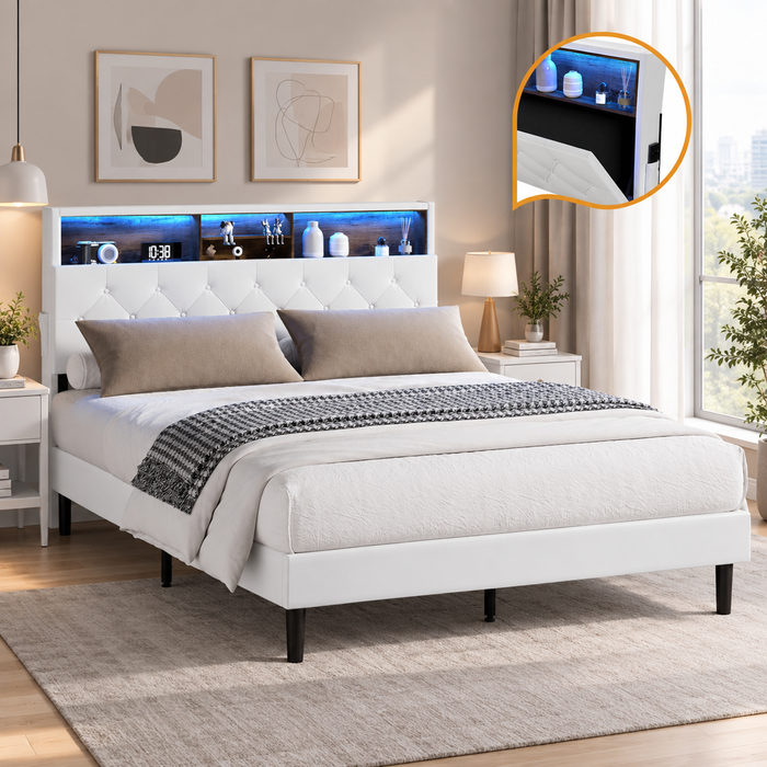 Oikiture Bed Frame Queen Size with LED Storage Headboad NOVI