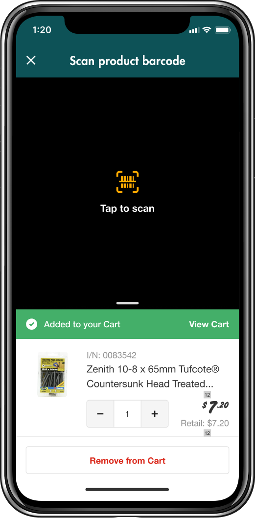 Phone with the PowerPass app open at the barcode scanner