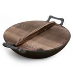 SOGA 36CM Cast Iron Wok FryPan with Wooden Lid Fry Pan