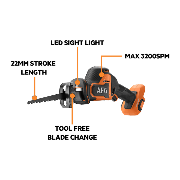 AEG 18V Brushless Sub Compact Reciprocating Saw A18SRSBL0 - Skin Only