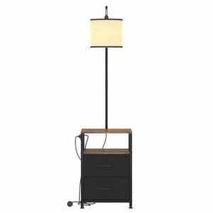 Ufurniture 2-in-1 Floor Lamp with Table & Storage Drawers,Industrial Bedside End Table Lamp w/ Linen Shade & Power Outlet