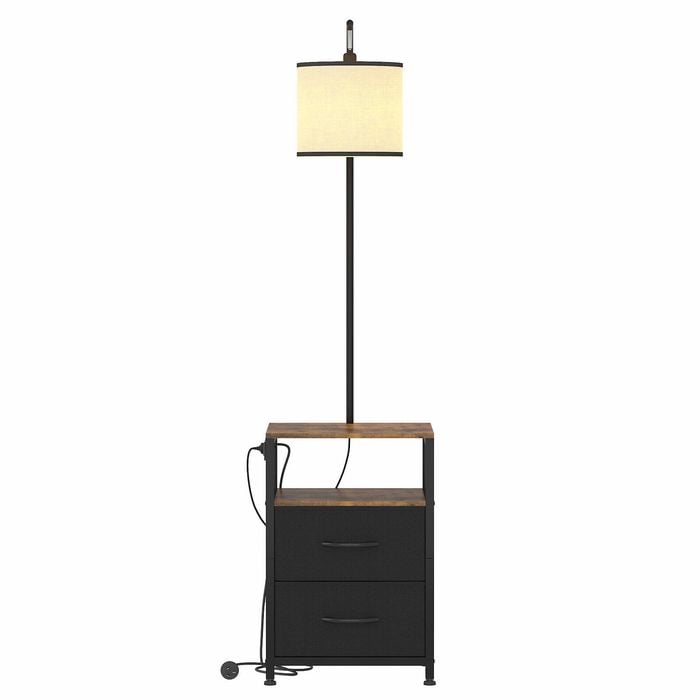 Ufurniture 2-in-1 Floor Lamp with Table & Storage Drawers,Industrial Bedside End Table Lamp w/ Linen Shade & Power Outlet