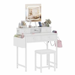 Advwin Dressing Table Stool Set with LED Mirror Charging Station 4 Drawers Side Storage Pocket