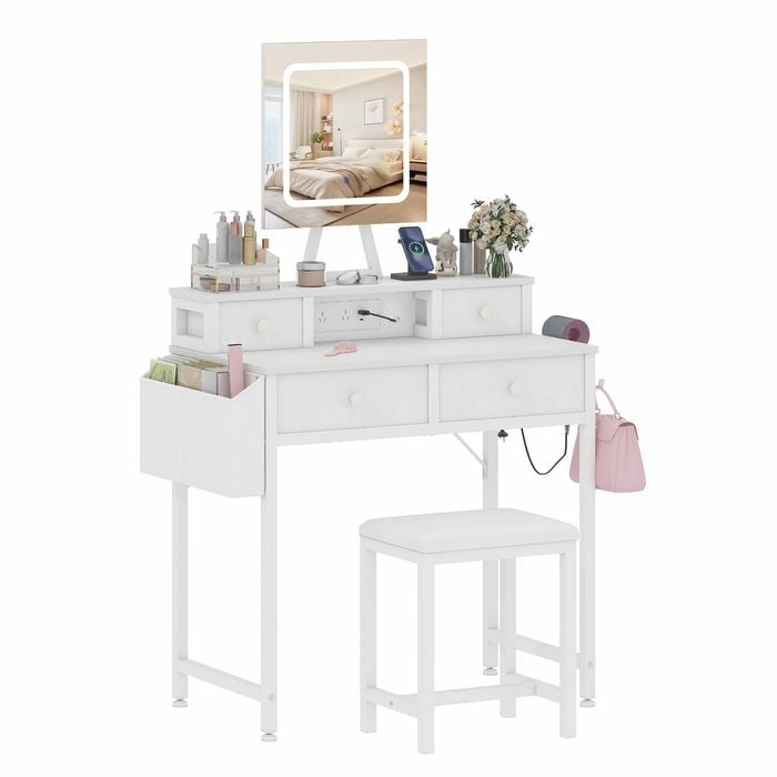 Advwin Dressing Table Stool Set with LED Mirror Charging Station 4 Drawers Side Storage Pocket