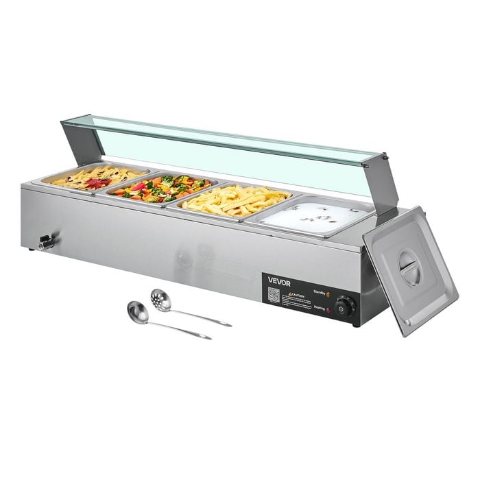 VEVOR Commercial Food Warmer Silver 1500W Stainless Steel with Lid 4 Pan for Party