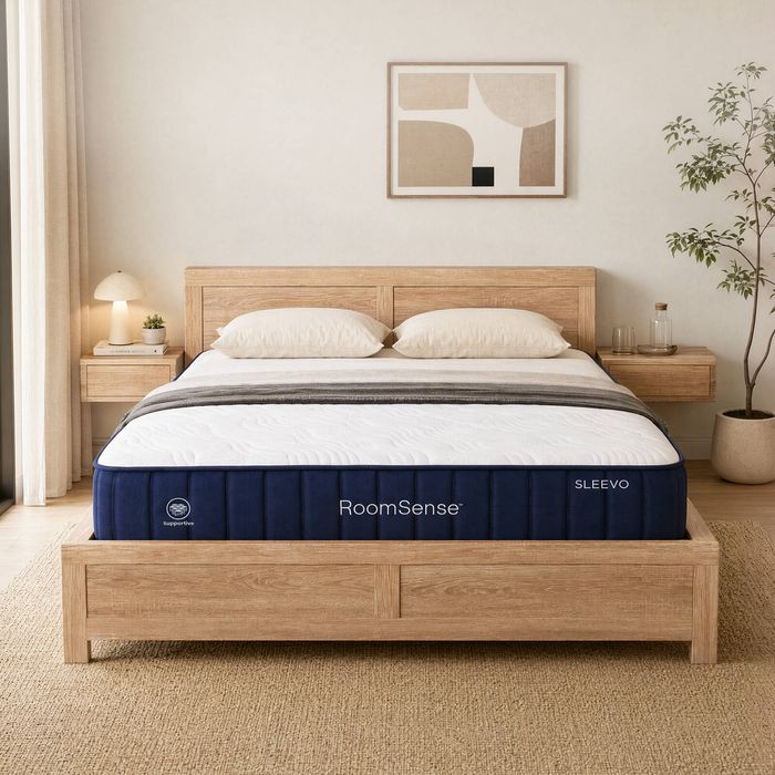 RoomSense Queen 26cm Firm Mattress Bundle with Oatmeal Wooden Bed Frame