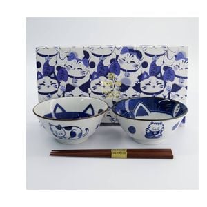 2pc Tokyo Design Porcelain Bowl Set Blue Cat Chopsticks 14.9Cm Gift Boxed Japan
