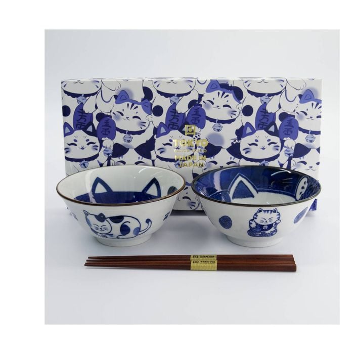 2pc Tokyo Design Porcelain Bowl Set Blue Cat Chopsticks 14.9Cm Gift Boxed Japan