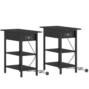 Advwin Set of 2 Flip Top Side Table w/ Charging Station Black