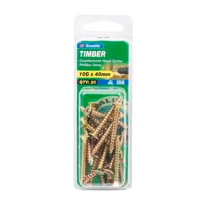 Zenith 10G x 40mm Gold Passivated Timber Countersunk Head Screw - 20 Pack