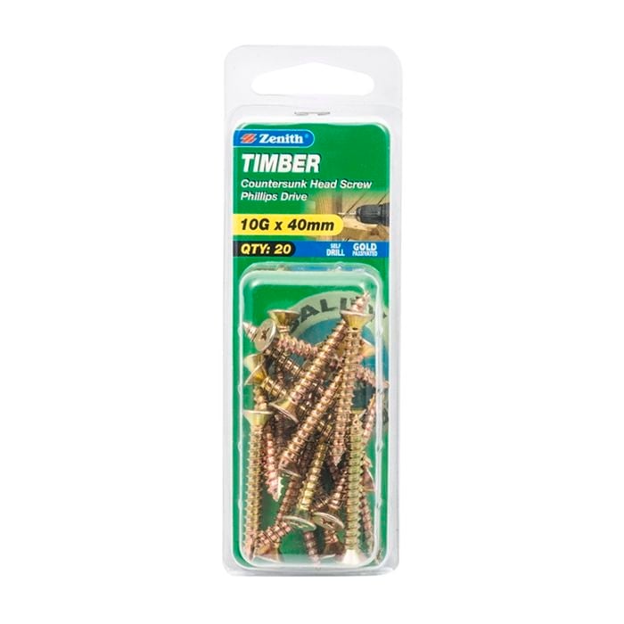 Zenith 10G x 40mm Gold Passivated Timber Countersunk Head Screw - 20 Pack