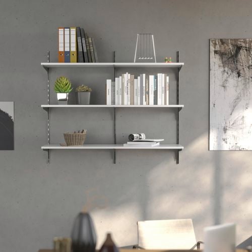 Shelf on grey wall.