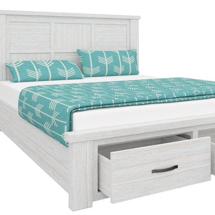 Pearl Hard Wood Queen Bed Frame with Storage and Panelled Headboard - Whitewash