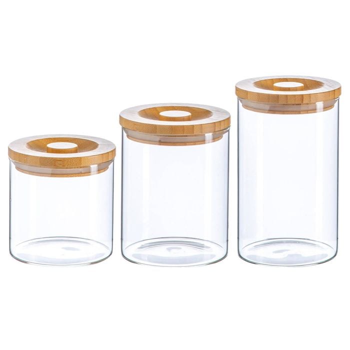 Argon Tableware Glass Storage Jar Set - Wooden Lids - Modern Round Scandi Organisation Container Glass Jar - 3 Sizes