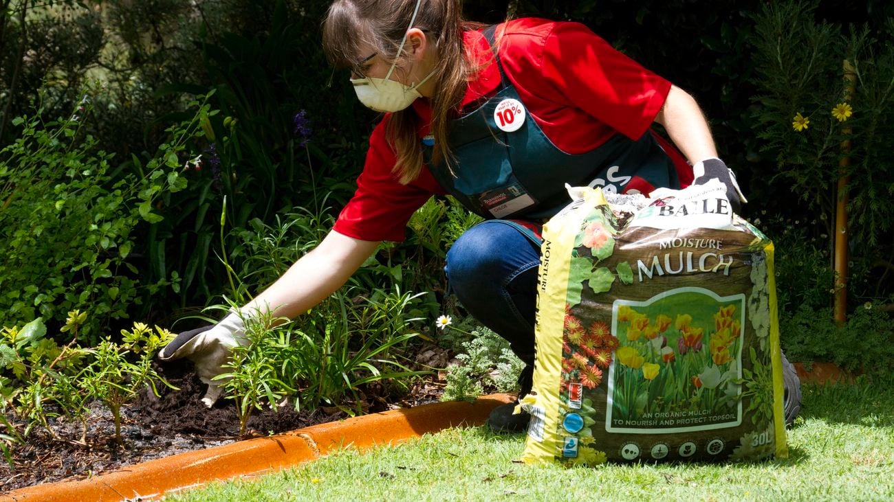 Person putting mulch in garden wearing gardening gloves.