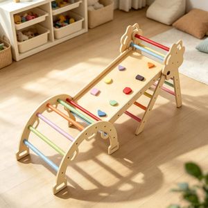 Ufurniture Climb Playset Kids Climbing Frame Wood Rocking Arch Slide Set w/Double Sided Ramp and Montessori Alphabet Puzzle
