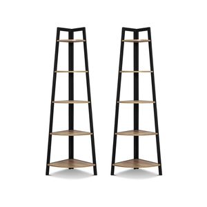 Set of 2 Rome Industrial Style 5 Tier Corner Shelf Oak