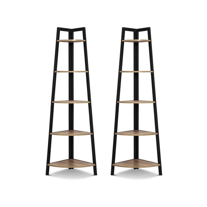 Set of 2 Rome Industrial Style 5 Tier Corner Shelf Oak