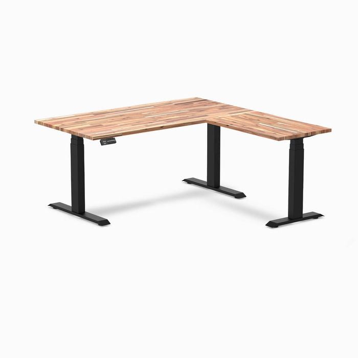 Desky L-Shape Sit to Stand Acacia Softwood Desk 1500x1550mm Matte Black Height Adjustable Leg