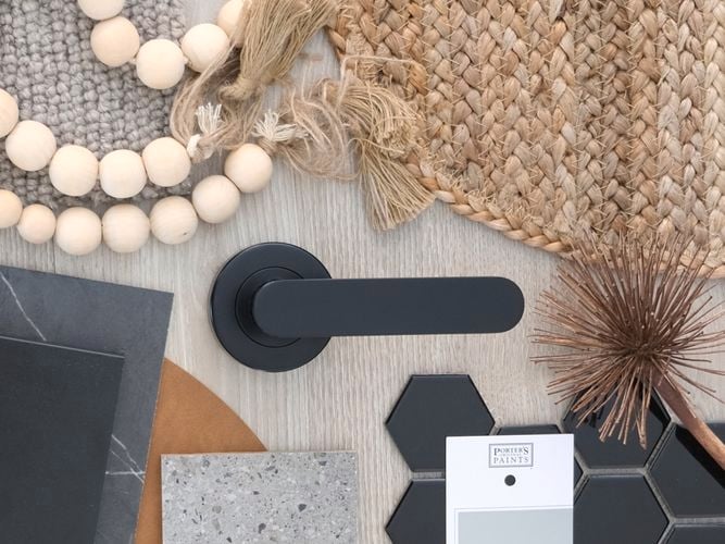 Moodboard
  featuring the Metz passage lever in a black finish