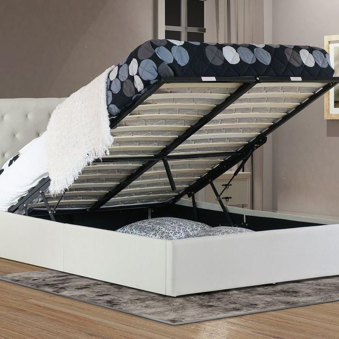 Istyle Chester Double Gas Lift Ottoman Storage Bed Frame Fabric Beige