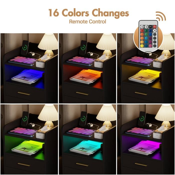 Advwin Bedside Table RGB LED Nightstand Charging Station Drawers