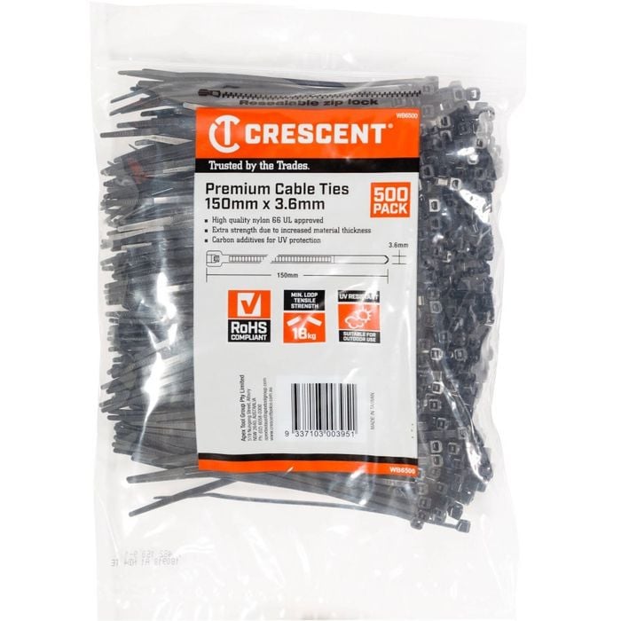 Crescent 150 x 3.6mm Black Cable Ties - 500 Pack