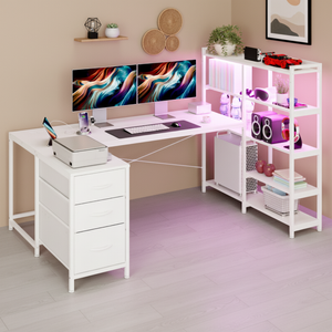 Ufurniture 164cm U Shape LED Gaming Desk with Power Outlets Reversible Corner Computer Table with Drawer & Bookshelf White