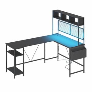 Advwin 150cm L Shaped Gaming Desk With Led Lights & Power Outlets Reversible Storage Shelf Computer Corner Desk Black
