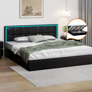Oikiture Bed Frame RGB LED Gas Lift King Black