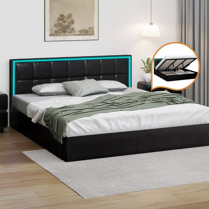 Oikiture Bed Frame RGB LED Gas Lift King Black