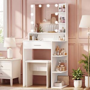 Advwin Dressing Table Set with LED Light, Drawer and Open Shelves, White