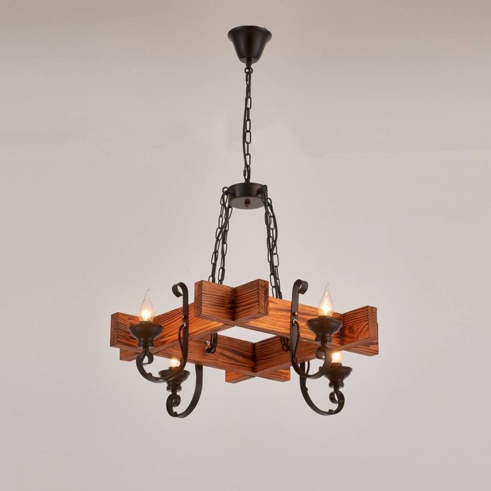LumenSphere Chambas 4-Light Retro Wood Pendant - Black Finish, Natural Wood Accents, E14 Base