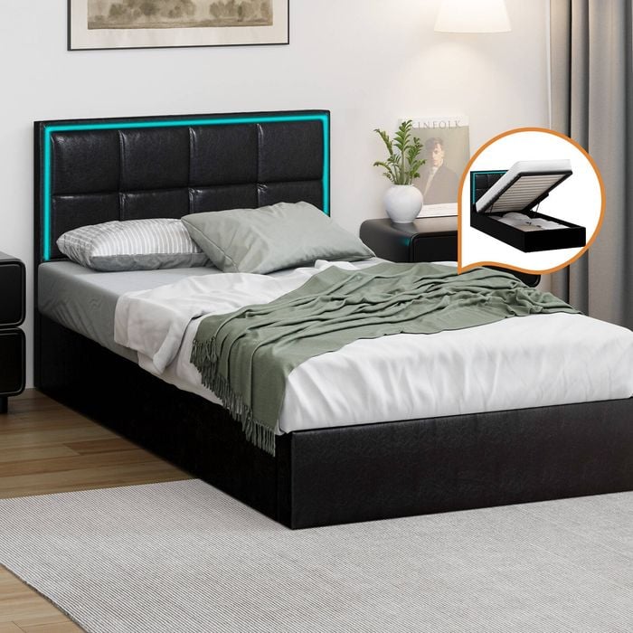 Oikiture Bed Frame RGB LED Gas Lift Single Black