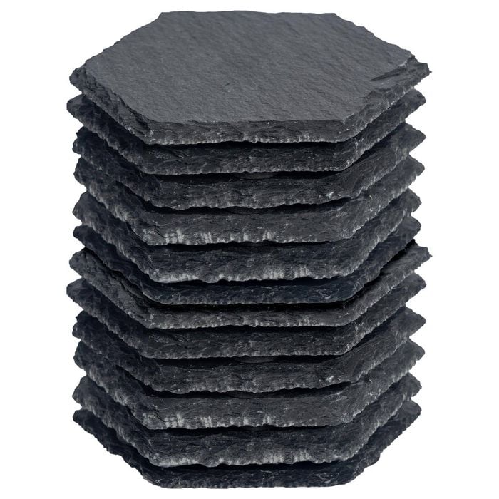 Argon Tableware 12x Hexagonal Slate Coasters - Drink Coasters Black Stone Natural Slate Rough Edge Drinks Mat Mug Glass Cup Mats