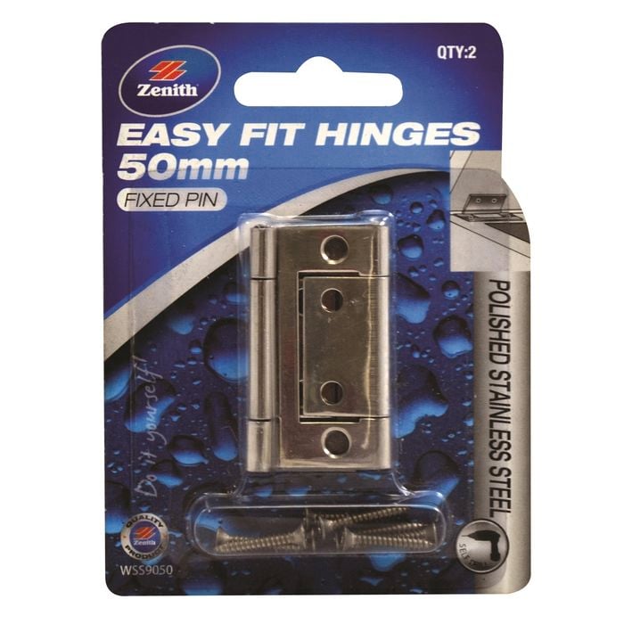 Zenith Easy Fit Hinge  50mm 2pk Fixed Pin Polished Stainless Steel
