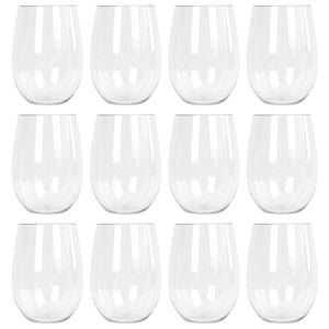 Argon Tableware 480ml Plastic Wine Glasses - Set Of 12 - Clear Reusable Stemless Cocktail Champagne Tumbler Drinking Cups