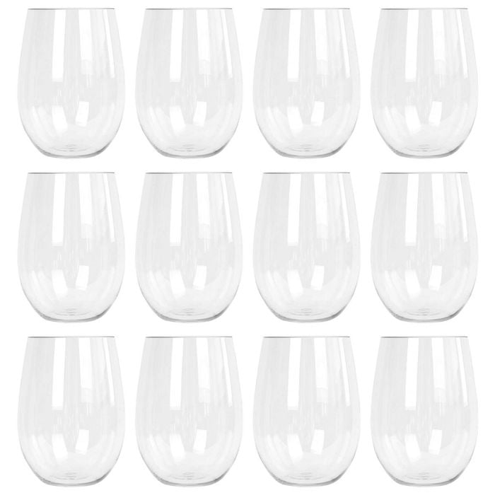 Argon Tableware 480ml Plastic Wine Glasses - Set Of 12 - Clear Reusable Stemless Cocktail Champagne Tumbler Drinking Cups