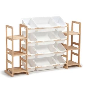 PlayPals Wooden Toy Storage Organizer w/Dual Side Shelves & 12 Storage Bins Cabinet White